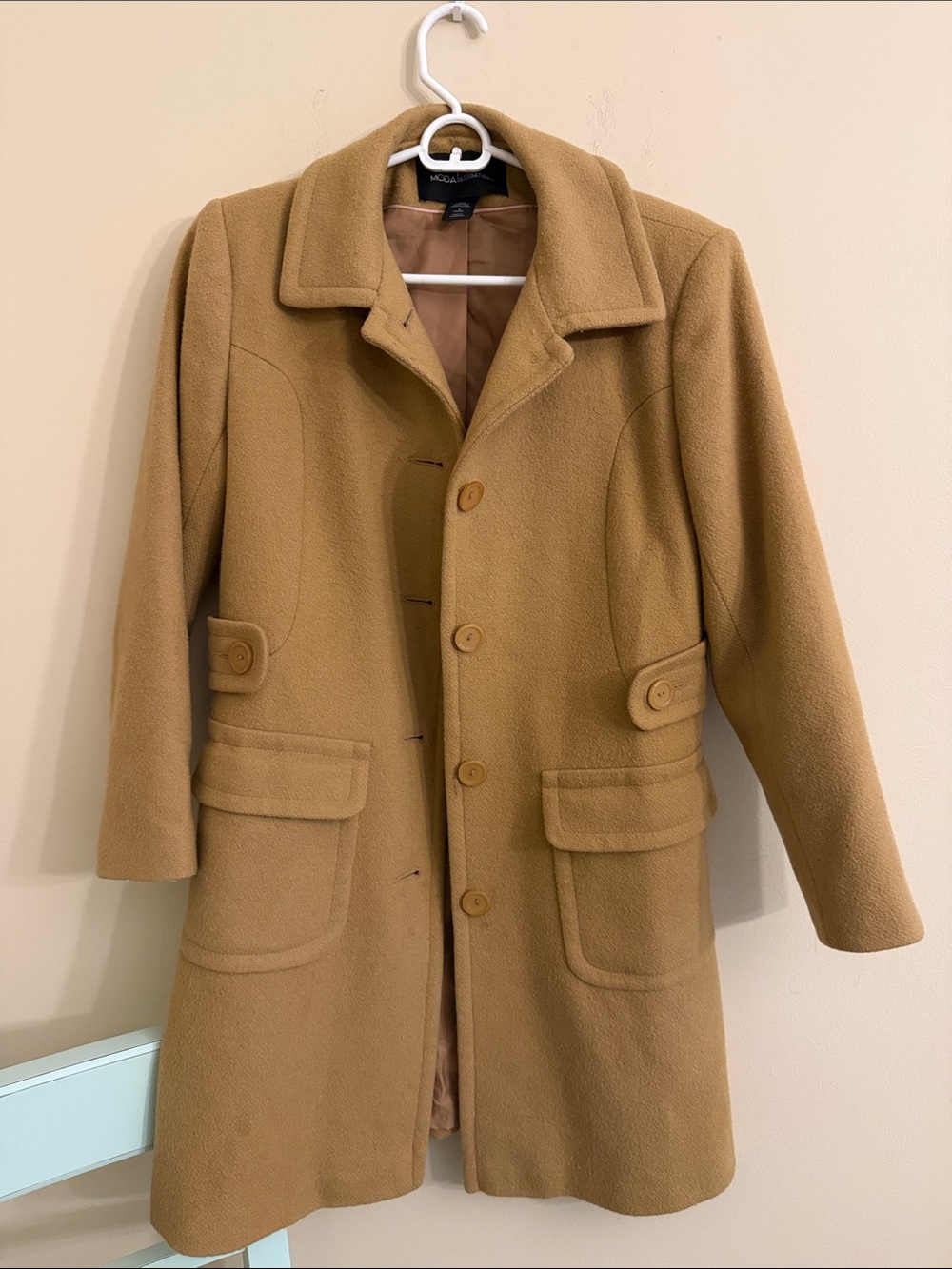 Vintage Moda International Camel Tan Wool Blend Button-Front Pea Coat